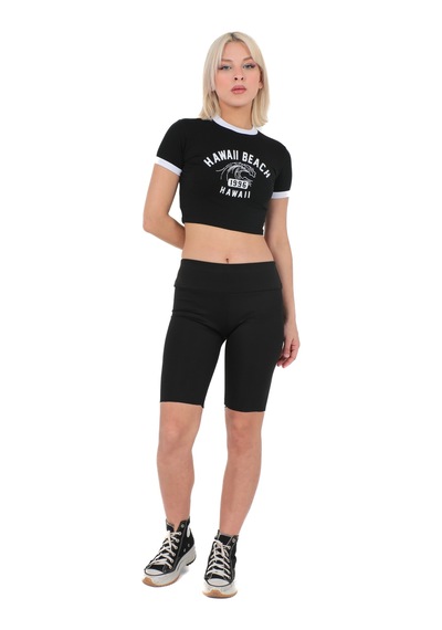 Sortie Collection Bisiklet Yaka Önü Baskılı Pamuklu Crop Tişört Siyah
