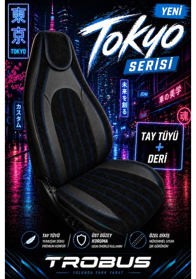 Fiat Albea 2002-2012 Bel Destekli Tay Tüyü Koltuk Kılıfı Tokyo Serisi Siyah Mavi