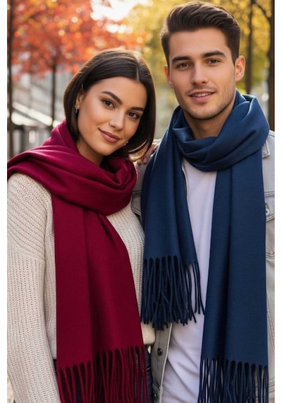 Tezzgelsin Unisex Yumuşak Dokulu Püsküllü Kışlık Buklet Atkı Şal 2'li Set Bordo - Lacivert
