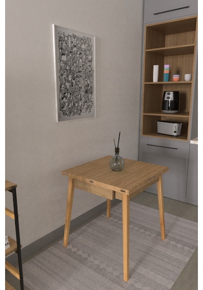 Vilinze Avanos Ahşap Katlanır Kanatlı Mdf Mutfak Masası - 70x70+70 70x140 Cm Naturel