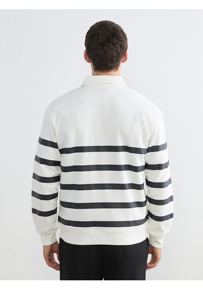 Lcw Vision Beyaz Polo Yaka Çizgili Erkek Kalın Sweatshirt