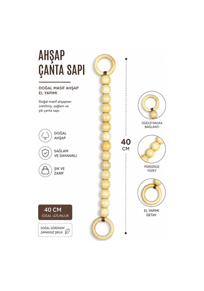 Vollen Yarn Doğal Masif Ahşap Çanta Sapı 40 Cm El Yapımı Boncuklu Çanta Kulpu Dayanıklı Çanta Aksesuarı Krem