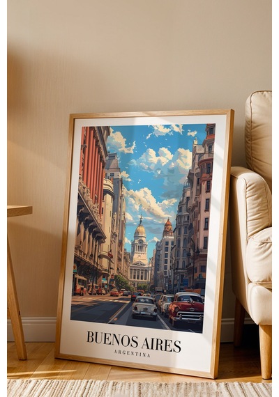 Buenos Aires Argentina Vintage Seyahat Posteri Çerçeveli Tablo - Premium Şehir Elit Duvar Dekoru Kayın
