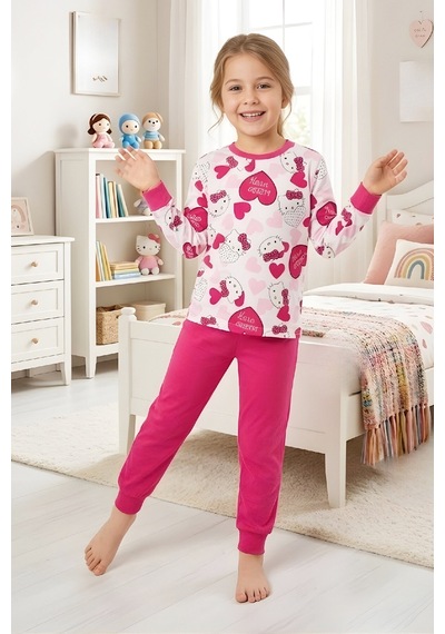 Modanino Kız ÇocukPamuk Pijama Takımı 4-11 Yaş 12628 Fuşya