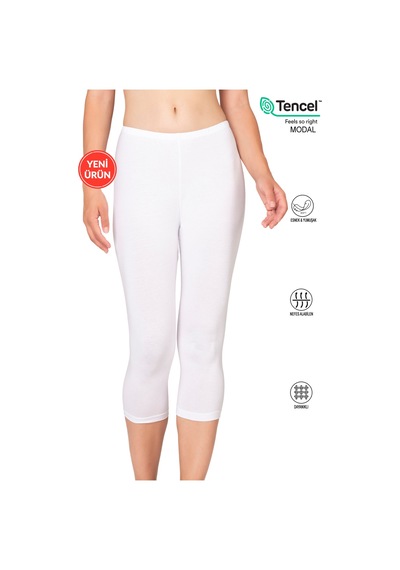 Özkan Underwear Özkan 27778 Kadın Premium Kumaş Modal Pamuklu Diz Altı Düz Kapri Tayt Esnek Rahat Yumuşak Beyaz