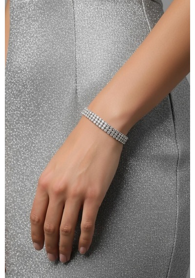 Valmont Accessories 16+2 Cm Ayarlanabilir Beyaz Taşlı Işıltılı 3 Sıra Su Yolu Kadın Bileklik Gümüş