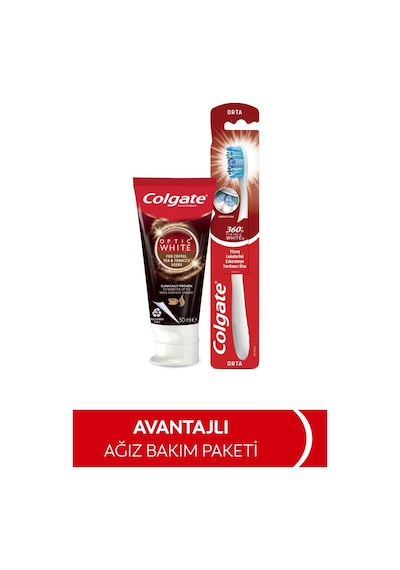 Colgate Optic White Kahve Çay ve Tütün Kullananlar İçin Beyazlatıcı Diş Macunu 50 ML + Orta Diş Fırçası Fırça Kabı