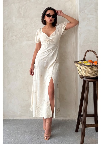 Verymoda Nakışlı Keten Görünümlü Elbise D2901 Taş