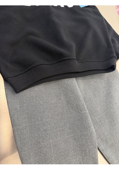 Magu Çocuk Pamuklu Yazı Baskılı Siyah Sweatshirt Ve Gri Ekose Pantolon Takımı Çok Renkli