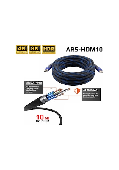 Auris Hdm10 Hdmı To Hdmı 2.1 Kablo 8k Uhd 60hz Örgü 10m