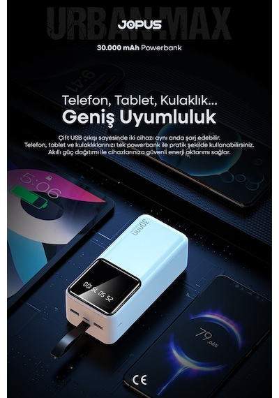 Jopus 30000mah Powerbank Lcd Ekranlı Taşıma Askılı Güçlü Taşınabilir Şarj Cihazı Beyaz