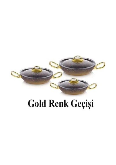 Oms Gold Serisi 6 Parça Granit Sahan Seti Cam Kapaklı 18-20-22 Cm Pfoa İçermez Gold