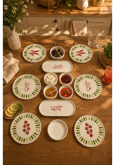 Green Bon Appetit 14 Parça 6 Kişilik Stackable Seramik Kahvaltı Takımı Lüx Sunum Seti Tabağı Beyaz