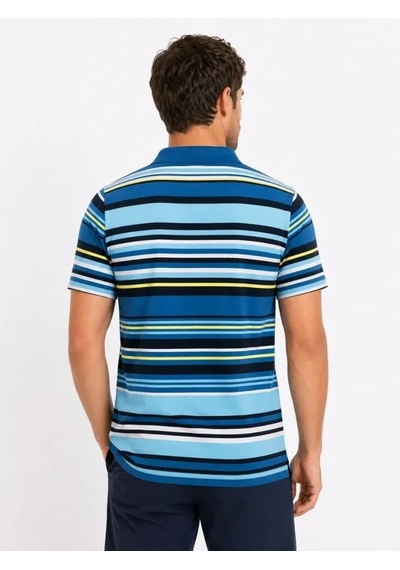 Defymoda Erkek Çizgili Polo Yaka Tişört Kısa Kol Yazlık T-shirt Regular Fit - Mavi