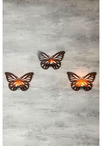 Dekoratif Ceviz Kelebek Duvar Rafı 3 Lü Set 25 Cm Duvar Mumluğu - Mumluk Raf - Ahşap Desenli Siyah