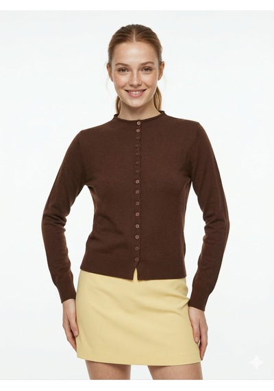 Kadın Acı Kahve Slim Fit Dar Kesim Düğmeli Bisiklet Yaka Triko Hırka Kahverengi