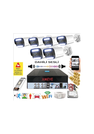 6 Lı Sesli Araç İnsan Yüz Tanımalı Hareket Algılayan 5 Mp Lens 9 Warm Led Gece Renkli Kamera Seti 5909ws