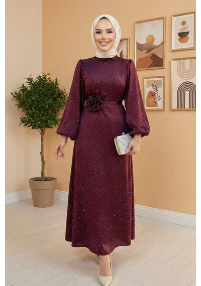 Hb Harma Time Butik Kadın İnci Detaylı Kuşaklı Bordo Saten Elbise Bordo Bordo