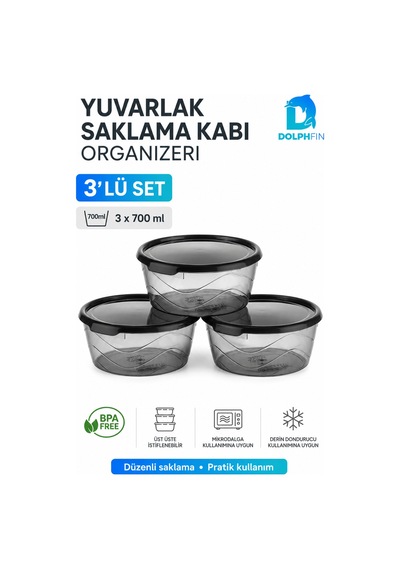 3 Lü Yuvarlak Saklama Kabı Seti 3x700 Ml Füme Şeffaf Siyah Kapaklı Bpa İçermez