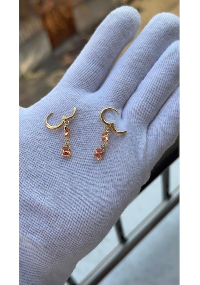 Kadın Gold Renk Sallantılı Pembe Kelebek Model Küpe Gold