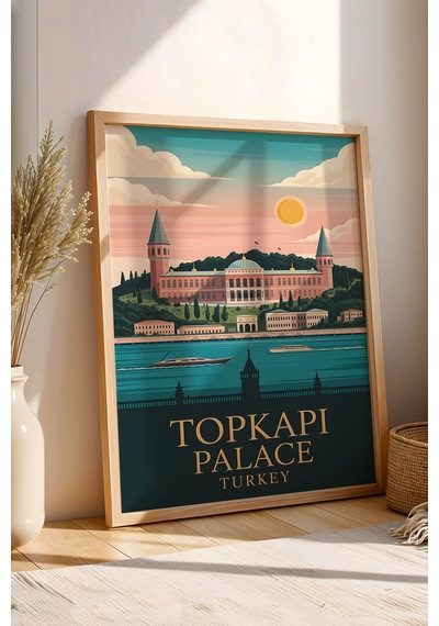 Topkapı Sarayı Tablo - Retro İstanbul Posteri - Osmanlı Mirası Duvar Dekoru - Çerçeveli İllüstrasyon Kayın