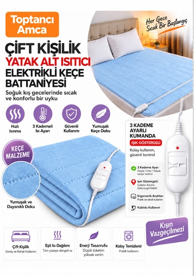 Elektrikli Battaniye Çift Kişilik 120x160 Cm Keçe Yüzey, Isı Ayarlı, Fermuarlı 2 Yıl Garantili Mavi
