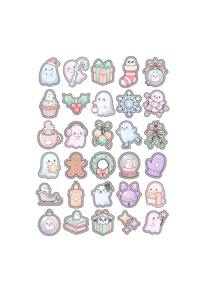 30 Adet Pastel Yılbaşı Hayaleti Sticker Seti - Laptop Defter Telefon İçin Çok Renkli