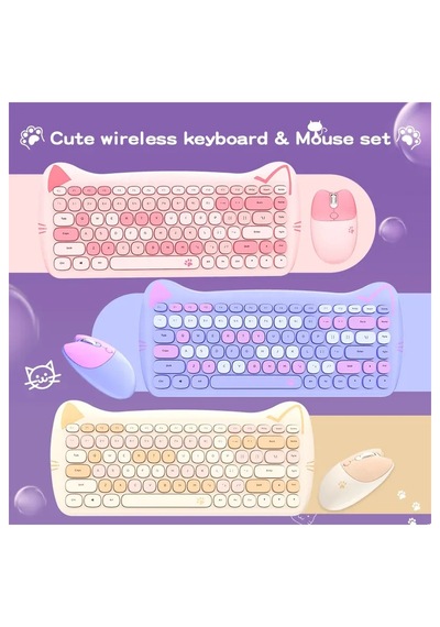 Geezer Cat Kablosuz Klavye Mouse Seti 2.4g Kedi Kulaklı Sevimli 84 Tuş Kompakt Renkli Set Optik