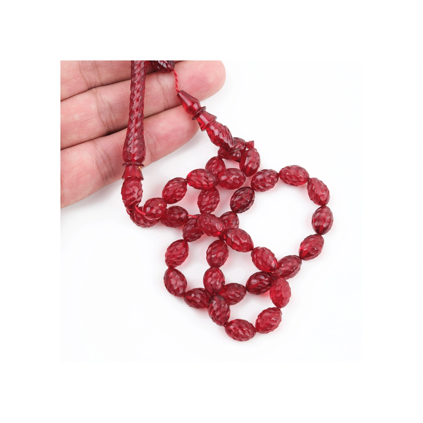 Ateş Kehribar Kalem İşçilikli El İşlemli Beyzi Kesim 9x11mm Tesbih Açık Kırmızı