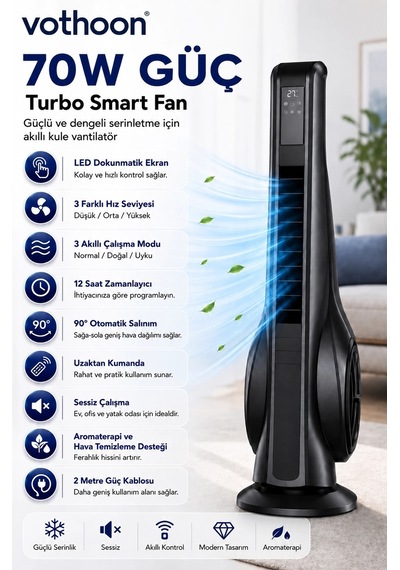Turbo Smart Akıllı Fan Led Ekranlı Kumandalı 90 Hareketli Serinletici Soğutucu Kule Tipi Vantilatör