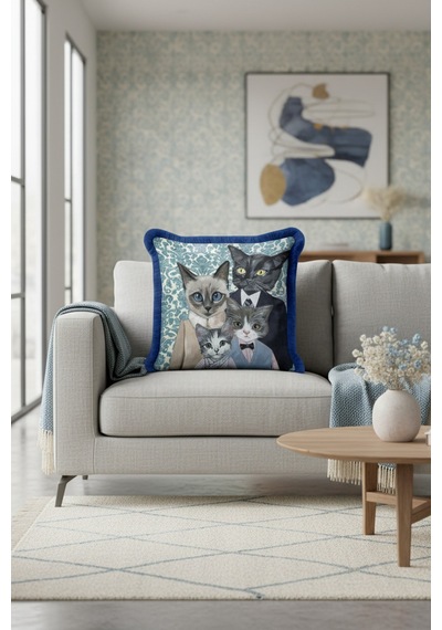 Zarif Vintage Kedi Ailesi Saçaklı Yastık Kılıfı - Sanatsal Bohem Mavi Püsküllü Kırlent Kılıfı Açık Kumlu Nane