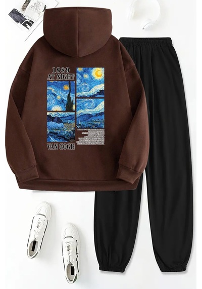 Uyguntarz Van Gogh Sırt Baskılı Unisex Eşofman Takımı Kahverengi
