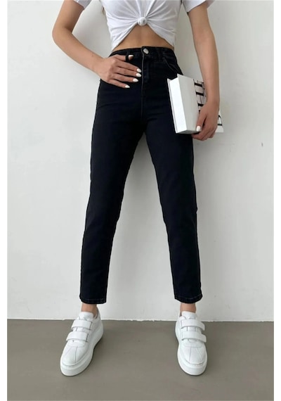 Woddi Çnr Kadın Yüksek Bel Mom Jeans Likralı Esnek Kot Pantolon Yeni Hsn Siyah