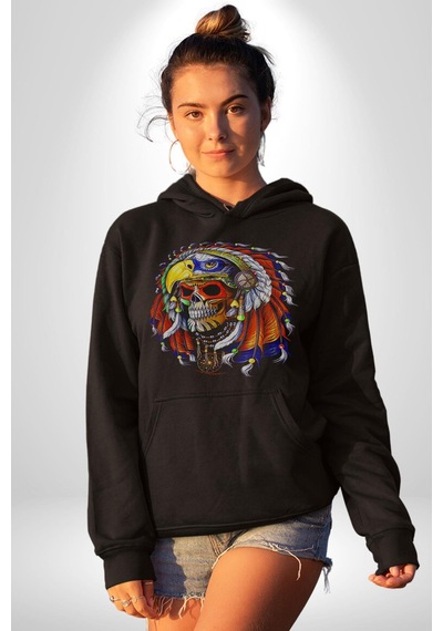 Kızıl Derili Kuru Kafa Düş Kapanı Kadın Erkek Siyah Kapüşonlu Sweatshirt Hoodie Siyah