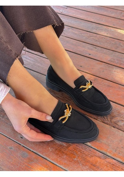 Erva'nın Butiği Siyah Süet Teseri Gold Sarmal Toka Detay Kadın Loafer-6045
