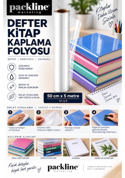 Packline Marketing Şeffaf Kendinden Yapışkanlı Defter Kitap Kaplama Folyosu 50cm X 5metre
