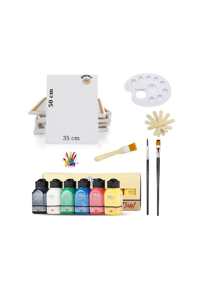 Lüks Akrilik Boya Seti 6x75 Ml Artdeco Lu Set İpek Fırçalı + 35x50 Tuval Sanatsal Set Canlı Renkler