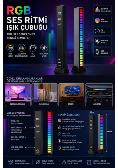 Sese Duyarlı Rgb Led Işık Ritim Işığı 32 Bit Göstergeli Araba/pc/tv/oda/masaüstü Için Renkli Led Işık Şarjlı Ekolayzır Işık Çubuğu Siyah