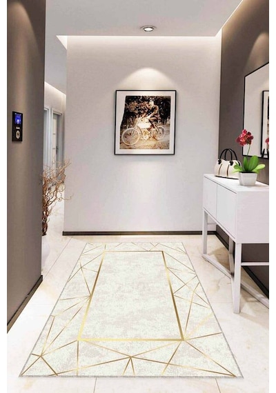 Krem Gold Çerçeveli Kaymaz Tabanlı Dekoratif Halı Rv010n11 Krem - Gold