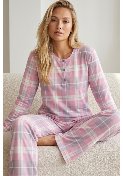 Siyah İnci Düğmeli Pamuklu Likralı Örme Pijama Takım 26240358 Pembe