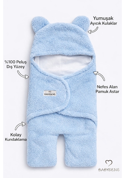 Babyden's 0-12 Ay Welsoft Peluş Bebek Dış Kundak Uyku Tulumu Ayıcık Kulaklı İçi %100 Pamuk Astarlı Battaniye Mavi