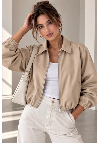 Bb Butik Basic Mevsimlik Fermuarlı Bomber Ceket Oversize Rahat Kalıp Fs3434 krem