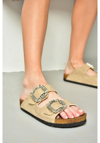 Fox Shoes K777604802 Bej Çift Tokalı Taşlı Kadın Terlik Bej