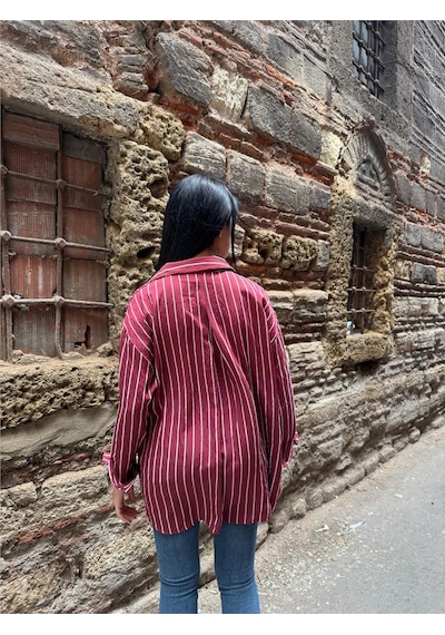 WeShaya Bordo Çizgili Oversize Düğmeli Gömlek Bordo