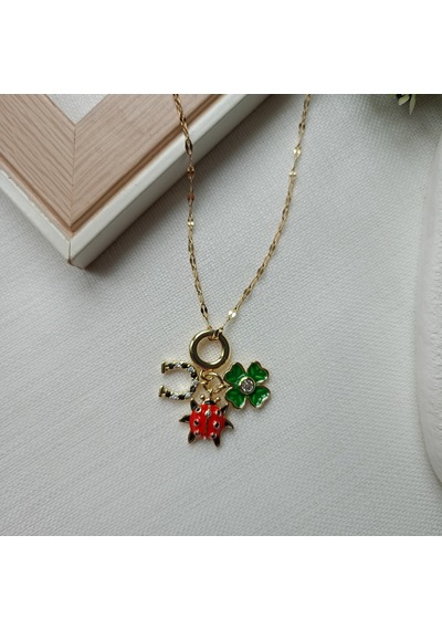 Lente Aksesuar Yonca, Uğurböceği, Nal Figürlü Çelik 14k Altın Rengi Charm Şans Kadın Kolye Gold