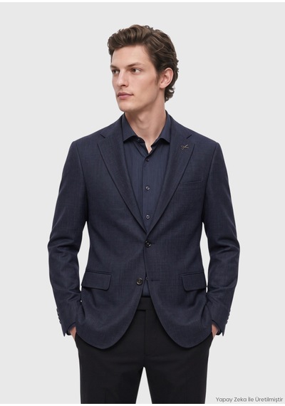 Ramsey Lacivert Mikro Regular Fit İpek Karışımlı Ceket