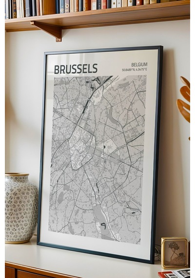 Brüksel Belçika Belgium Haritası Çerçeveli Tablo Lüks Salon Ofis Duvar Dekorasyonu Hediyelik Tablo