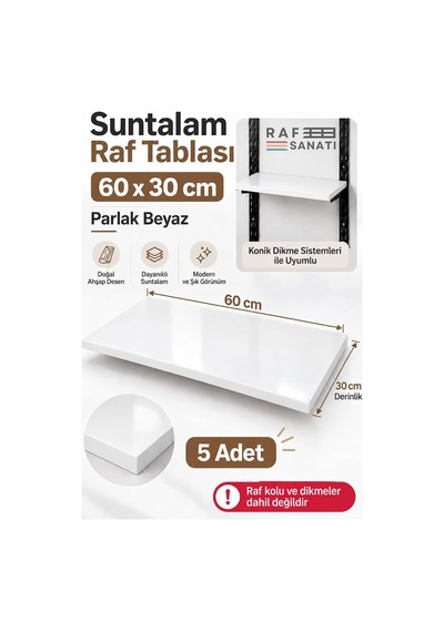 Tr 5'li Set - Suntalam Raf Tablası 60x30 Cm Beyaz Ahşap Raf Konik Dikme Sistemleri İle Uyumlu Genel