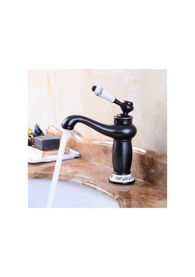 Rena Design Rustik Siyah Lavabo Bataryası Banyo Musluğu Eskitme Porselen Işleme Armatür Otantik Retro
