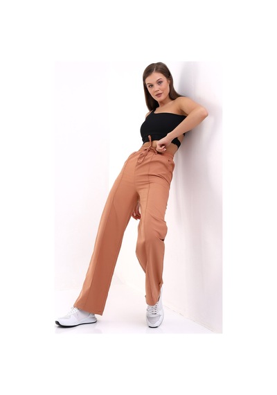 Winmoda34 Kadın Keten Palazzo Pantolon Önü Dikişli Kremit